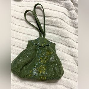 Michelle LaLonde Wrist Bag, Leather with Lt Blue & Lt Green Embroidery and beads